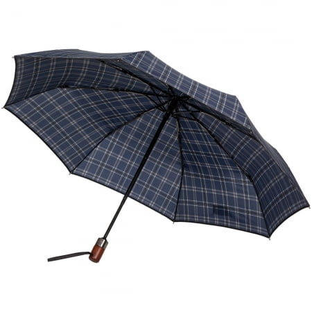 Складной зонт Wood Classic S с прямой ручкой, синий в клетку купить с нанесением логотипа оптом на заказ в интернет-магазине Санкт-Петербург